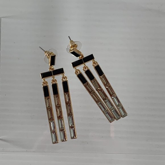 A New Day Earrings Nickle Free Dangle Gold Tone Black Enamel Rhinestones - Picture 2 of 6